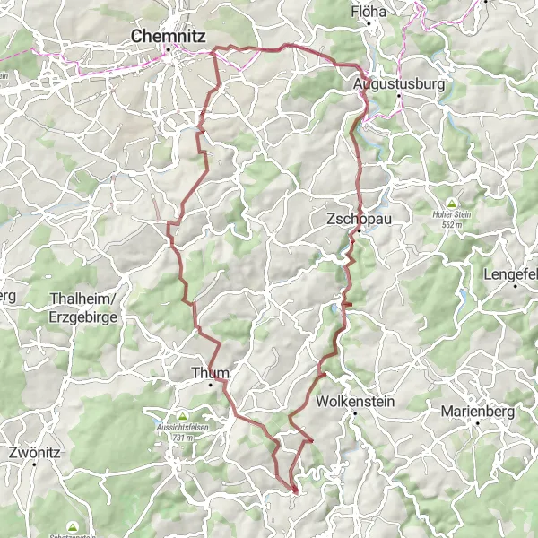 Map miniature of "Gravel Adventure in the Ore Mountains" cycling inspiration in Chemnitz, Germany. Generated by Tarmacs.app cycling route planner