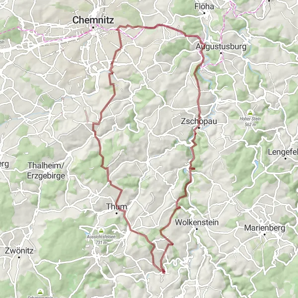 Karten-Miniaturansicht der Radinspiration "Gravelabenteuer durch Thum und Euba" in Chemnitz, Germany. Erstellt vom Tarmacs.app-Routenplaner für Radtouren