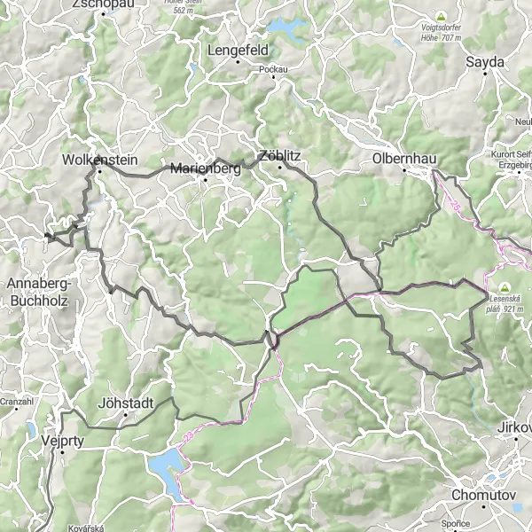 Karten-Miniaturansicht der Radinspiration "Bergtour um Wiesa und Bismarckturm" in Chemnitz, Germany. Erstellt vom Tarmacs.app-Routenplaner für Radtouren