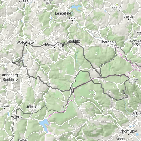 Map miniature of "Scenic Road Cycling Route in the Ore Mountains" cycling inspiration in Chemnitz, Germany. Generated by Tarmacs.app cycling route planner