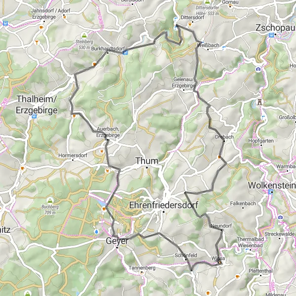 Karten-Miniaturansicht der Radinspiration "Wiesa und Umgebung mit schönen Aussichten" in Chemnitz, Germany. Erstellt vom Tarmacs.app-Routenplaner für Radtouren