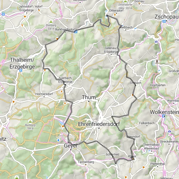 Map miniature of "The Scenic Road Trail" cycling inspiration in Chemnitz, Germany. Generated by Tarmacs.app cycling route planner