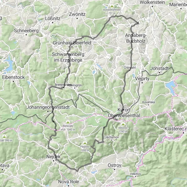 Map miniature of "Road Cycling Adventure in the Ore Mountains" cycling inspiration in Chemnitz, Germany. Generated by Tarmacs.app cycling route planner