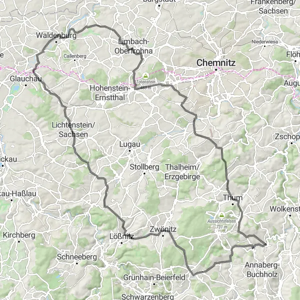 Karten-Miniaturansicht der Radinspiration "Erlebnisreiche Radrunde durch das Erzgebirge" in Chemnitz, Germany. Erstellt vom Tarmacs.app-Routenplaner für Radtouren