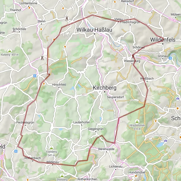 Map miniature of "Wildenfels to Härtensdorf Gravel Route" cycling inspiration in Chemnitz, Germany. Generated by Tarmacs.app cycling route planner