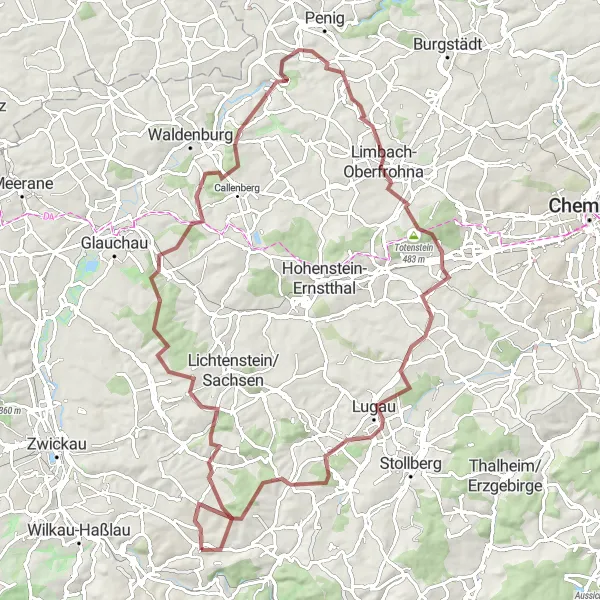 Map miniature of "The Wildenfels Gravel Adventure" cycling inspiration in Chemnitz, Germany. Generated by Tarmacs.app cycling route planner