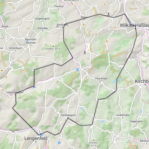 Map miniature of "Culitzsch and Burg Schönfels Road Challenge" cycling inspiration in Chemnitz, Germany. Generated by Tarmacs.app cycling route planner