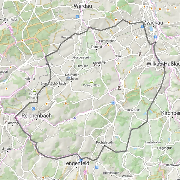 Karten-Miniaturansicht der Radinspiration "Straßentour durch Hirschstein und Mylau" in Chemnitz, Germany. Erstellt vom Tarmacs.app-Routenplaner für Radtouren