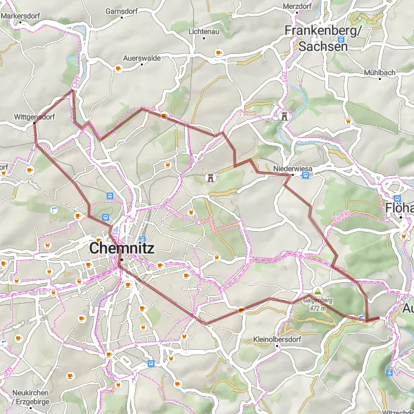 Karten-Miniaturansicht der Radinspiration "Radtour durch Adelsberg und Chemnitz" in Chemnitz, Germany. Erstellt vom Tarmacs.app-Routenplaner für Radtouren