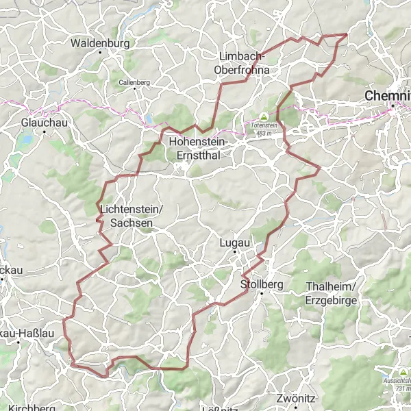 Map miniature of "Exploring Gravel Trails around Wittgensdorf" cycling inspiration in Chemnitz, Germany. Generated by Tarmacs.app cycling route planner