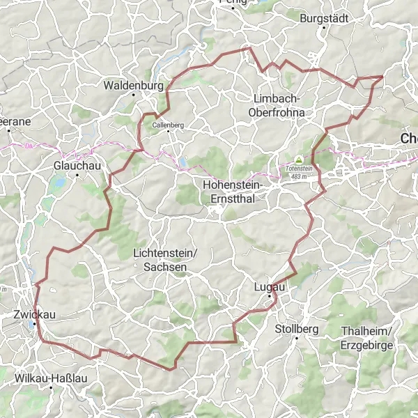 Map miniature of "Gravel Exploration: Wittgensdorf to Zwickau" cycling inspiration in Chemnitz, Germany. Generated by Tarmacs.app cycling route planner