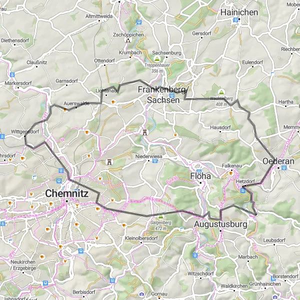 Map miniature of "Wittgensdorf to Frankenberg Adventure Ride" cycling inspiration in Chemnitz, Germany. Generated by Tarmacs.app cycling route planner