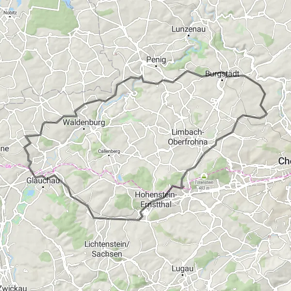 Map miniature of "Erzgebirgs Trail" cycling inspiration in Chemnitz, Germany. Generated by Tarmacs.app cycling route planner