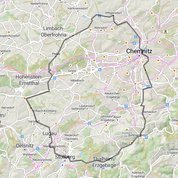 Map miniature of "Chemnitz Countryside Loop" cycling inspiration in Chemnitz, Germany. Generated by Tarmacs.app cycling route planner