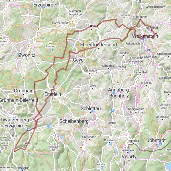 Karten-Miniaturansicht der Radinspiration "Gravel-Abenteuer durch die Natur um Wolkenstein" in Chemnitz, Germany. Erstellt vom Tarmacs.app-Routenplaner für Radtouren