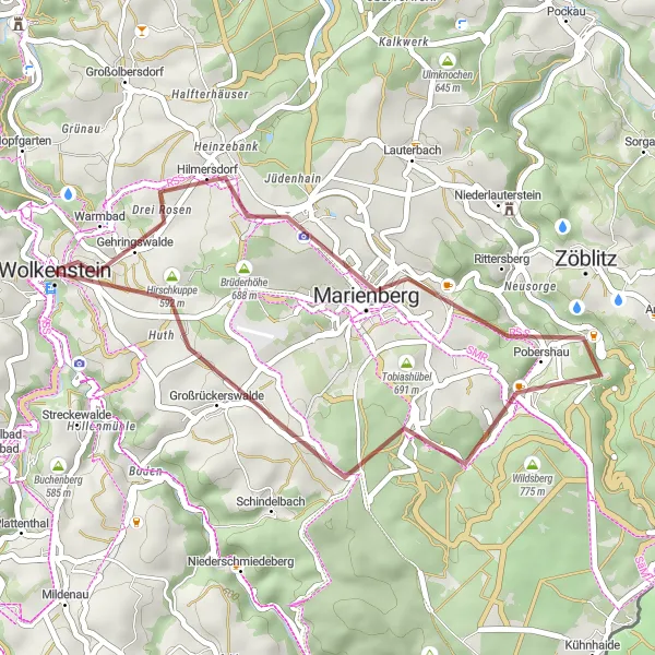 Karten-Miniaturansicht der Radinspiration "Kurzstrecke rund um Wolkenstein über Marienberg und Großrückerswalde" in Chemnitz, Germany. Erstellt vom Tarmacs.app-Routenplaner für Radtouren