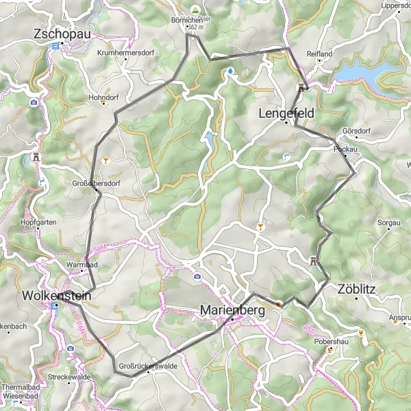 Karten-Miniaturansicht der Radinspiration "Höhenflug nach Wolkenstein" in Chemnitz, Germany. Erstellt vom Tarmacs.app-Routenplaner für Radtouren