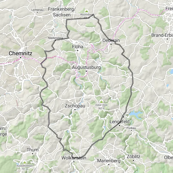 Karten-Miniaturansicht der Radinspiration "Roadtour durch malerische Landschaft um Wolkenstein" in Chemnitz, Germany. Erstellt vom Tarmacs.app-Routenplaner für Radtouren