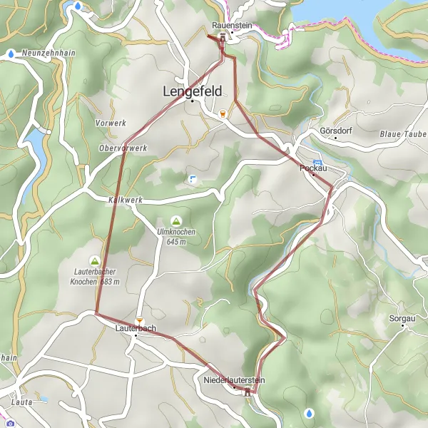 Map miniature of "Gravel Adventure to Lauterbacher Knochen" cycling inspiration in Chemnitz, Germany. Generated by Tarmacs.app cycling route planner