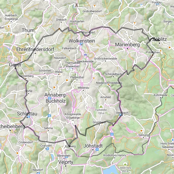 Map miniature of "The Ore Mountains Loop" cycling inspiration in Chemnitz, Germany. Generated by Tarmacs.app cycling route planner