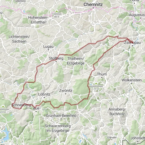 Map miniature of "Erzgebirge Escape" cycling inspiration in Chemnitz, Germany. Generated by Tarmacs.app cycling route planner