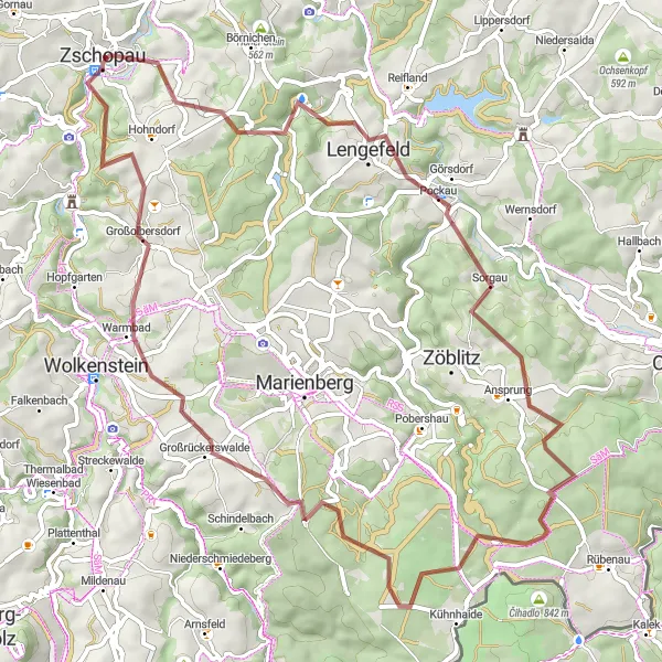 Karten-Miniaturansicht der Radinspiration "Gravel-Abenteuer zum Zschopenberg" in Chemnitz, Germany. Erstellt vom Tarmacs.app-Routenplaner für Radtouren