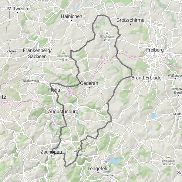 Map miniature of "Zschopau Road Challenge" cycling inspiration in Chemnitz, Germany. Generated by Tarmacs.app cycling route planner