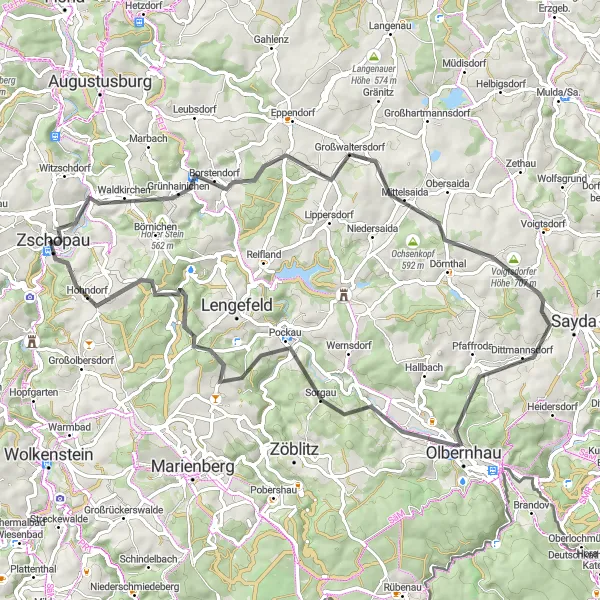 Map miniature of "Scheffelsberg Loop" cycling inspiration in Chemnitz, Germany. Generated by Tarmacs.app cycling route planner