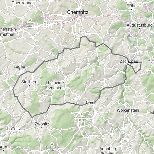 Map miniature of "Venusberg Venture" cycling inspiration in Chemnitz, Germany. Generated by Tarmacs.app cycling route planner