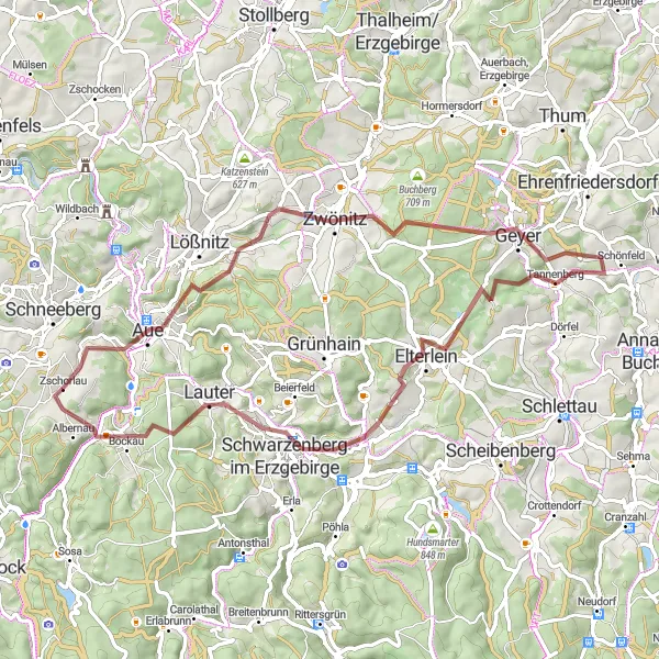 Map miniature of "The Ore Mountain Loop" cycling inspiration in Chemnitz, Germany. Generated by Tarmacs.app cycling route planner