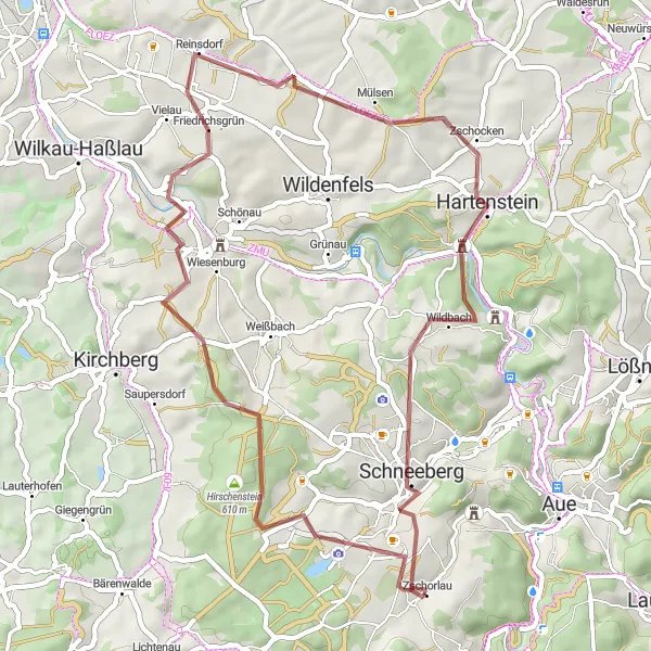 Map miniature of "Gravel Path to Schneeberg" cycling inspiration in Chemnitz, Germany. Generated by Tarmacs.app cycling route planner