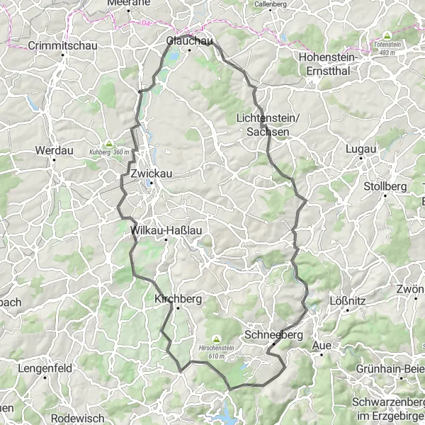 Map miniature of "Knock and Glauchau Adventure" cycling inspiration in Chemnitz, Germany. Generated by Tarmacs.app cycling route planner