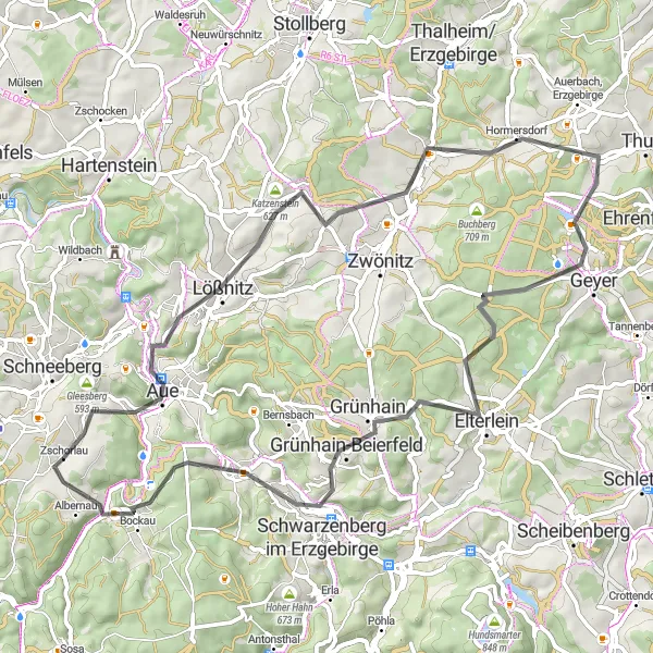 Karten-Miniaturansicht der Radinspiration "Huthübel und Spiegelwald" in Chemnitz, Germany. Erstellt vom Tarmacs.app-Routenplaner für Radtouren