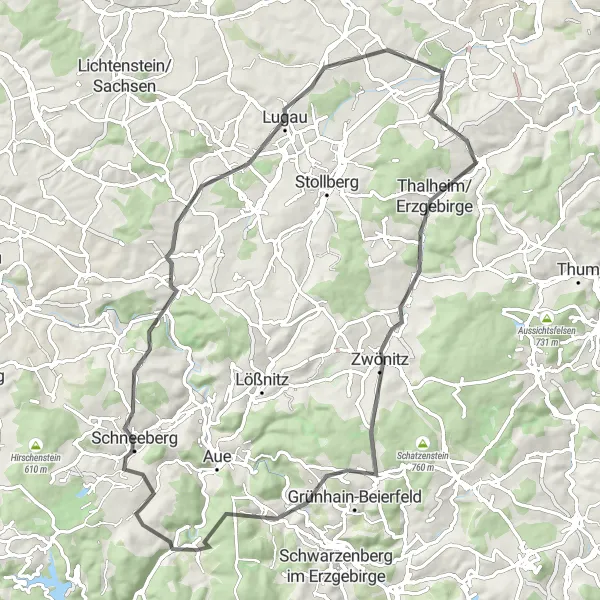 Map miniature of "Widdersberg and Fichtelberg Expedition" cycling inspiration in Chemnitz, Germany. Generated by Tarmacs.app cycling route planner