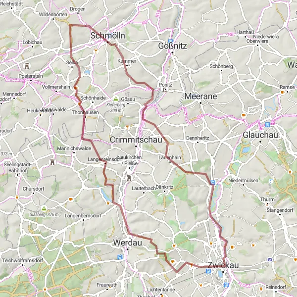 Map miniature of "Zwickau Gravel Adventure" cycling inspiration in Chemnitz, Germany. Generated by Tarmacs.app cycling route planner