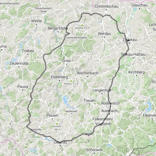 Map miniature of "Zwickau to Mehltheuer Circuit" cycling inspiration in Chemnitz, Germany. Generated by Tarmacs.app cycling route planner