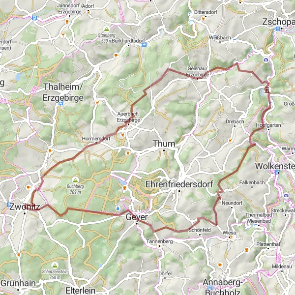Karten-Miniaturansicht der Radinspiration "Gravel-Rundfahrt um Zwönitz" in Chemnitz, Germany. Erstellt vom Tarmacs.app-Routenplaner für Radtouren