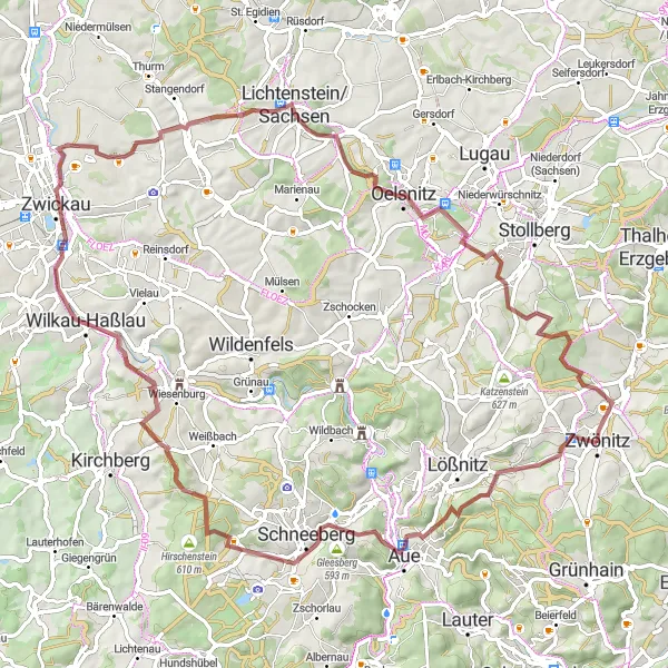 Map miniature of "Zwönitz - Dittersdorf - Pfefferberg - Hirnschädel - Neustädtel - Mühlberg - Aussicht vom Schloss - Großer Stein - Niederzwönitz" cycling inspiration in Chemnitz, Germany. Generated by Tarmacs.app cycling route planner