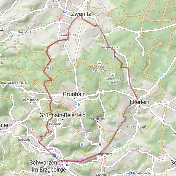 Map miniature of "The Scenic Gravel Ride" cycling inspiration in Chemnitz, Germany. Generated by Tarmacs.app cycling route planner