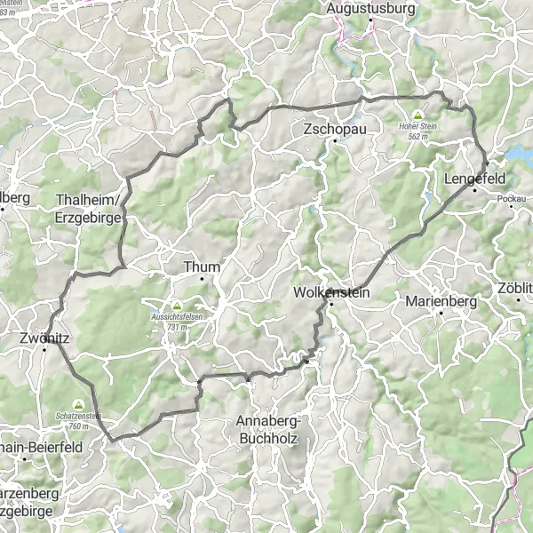 Karten-Miniaturansicht der Radinspiration "Herausforderung und Naturgenuss" in Chemnitz, Germany. Erstellt vom Tarmacs.app-Routenplaner für Radtouren