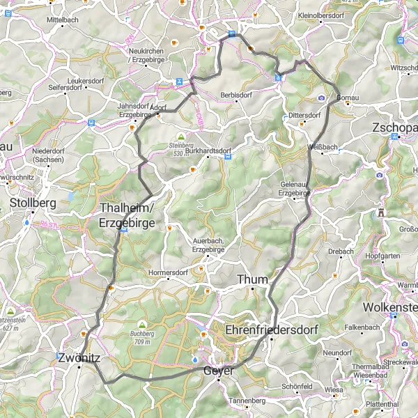 Map miniature of "Historical Insights: Zwönitz Heritage Route" cycling inspiration in Chemnitz, Germany. Generated by Tarmacs.app cycling route planner