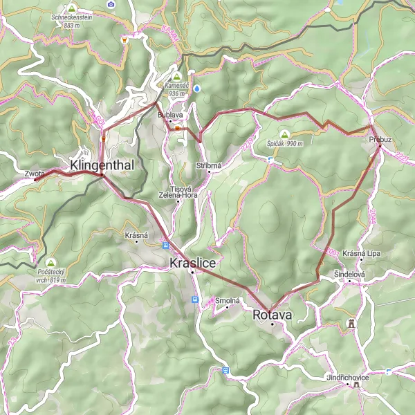 Map miniature of "Klingenthal Gravel Adventure" cycling inspiration in Chemnitz, Germany. Generated by Tarmacs.app cycling route planner