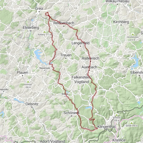 Map miniature of "Werda Off-road Challenge" cycling inspiration in Chemnitz, Germany. Generated by Tarmacs.app cycling route planner