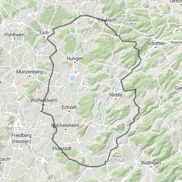 Map miniature of "Altenstadt - Florstadt - Obbornhofen - Lindenberg - Laubach - Eichberg - Reipperts - Steinbruch Michelnau - Michelnau - Glauberg - Lindheim - Altenstadt" cycling inspiration in Darmstadt, Germany. Generated by Tarmacs.app cycling route planner