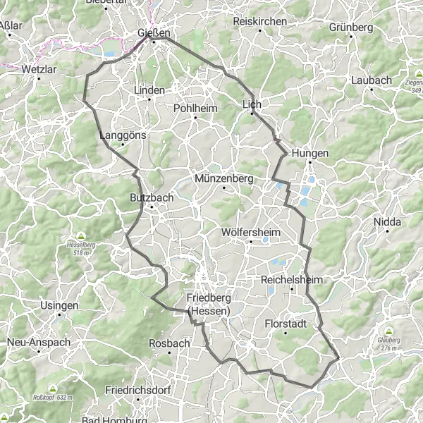 Map miniature of "Erbstadt-Gießen Road Adventure" cycling inspiration in Darmstadt, Germany. Generated by Tarmacs.app cycling route planner