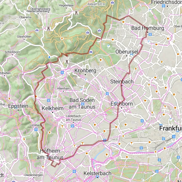 Map miniature of "Gravel Tour to Bad Homburg Castle" cycling inspiration in Darmstadt, Germany. Generated by Tarmacs.app cycling route planner