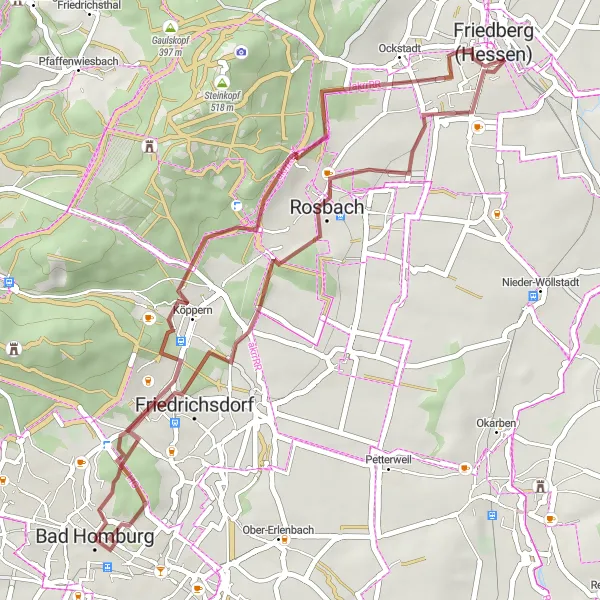 Map miniature of "Rural Escape to Friedrichsdorf" cycling inspiration in Darmstadt, Germany. Generated by Tarmacs.app cycling route planner