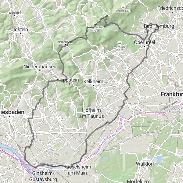 Map miniature of "Bad Homburg and Surroundings" cycling inspiration in Darmstadt, Germany. Generated by Tarmacs.app cycling route planner