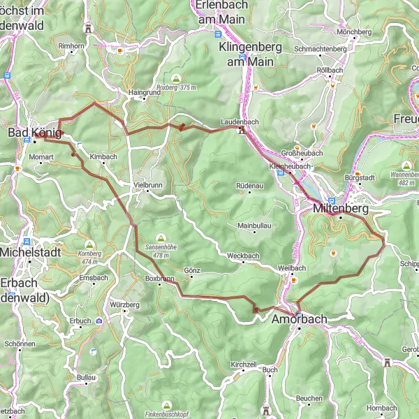 Map miniature of "Tranquil Paths of the Odenwald" cycling inspiration in Darmstadt, Germany. Generated by Tarmacs.app cycling route planner