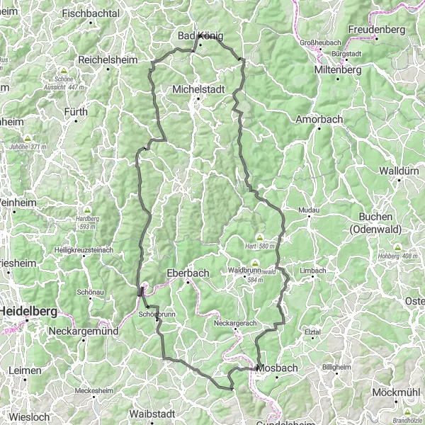 Map miniature of "Ultimate Road Cycling Challenge in the Odenwald" cycling inspiration in Darmstadt, Germany. Generated by Tarmacs.app cycling route planner
